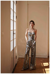 Sleeveless Wide-Leg Metallic Sequin Two-Piece Set XS / Silver