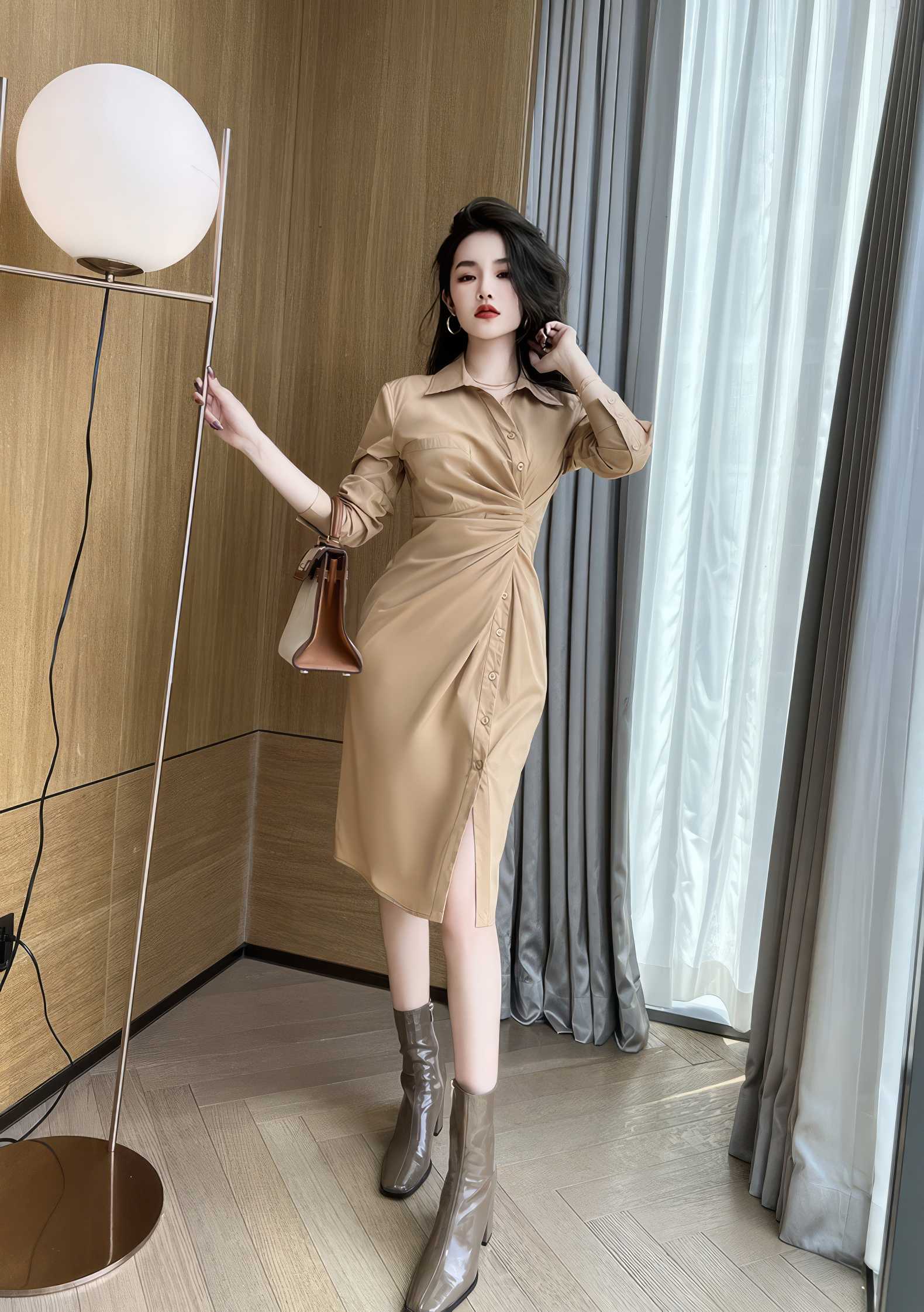 Slim Fit Buttoned Down High Slit Shirt Dress