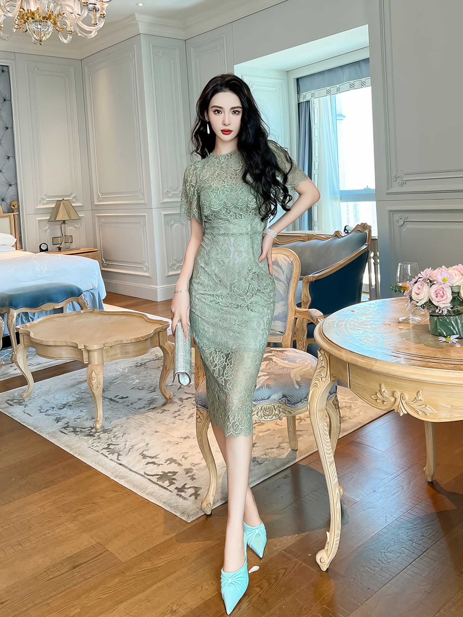 Slim Fit Lace Detailed Midi Dress S / Green