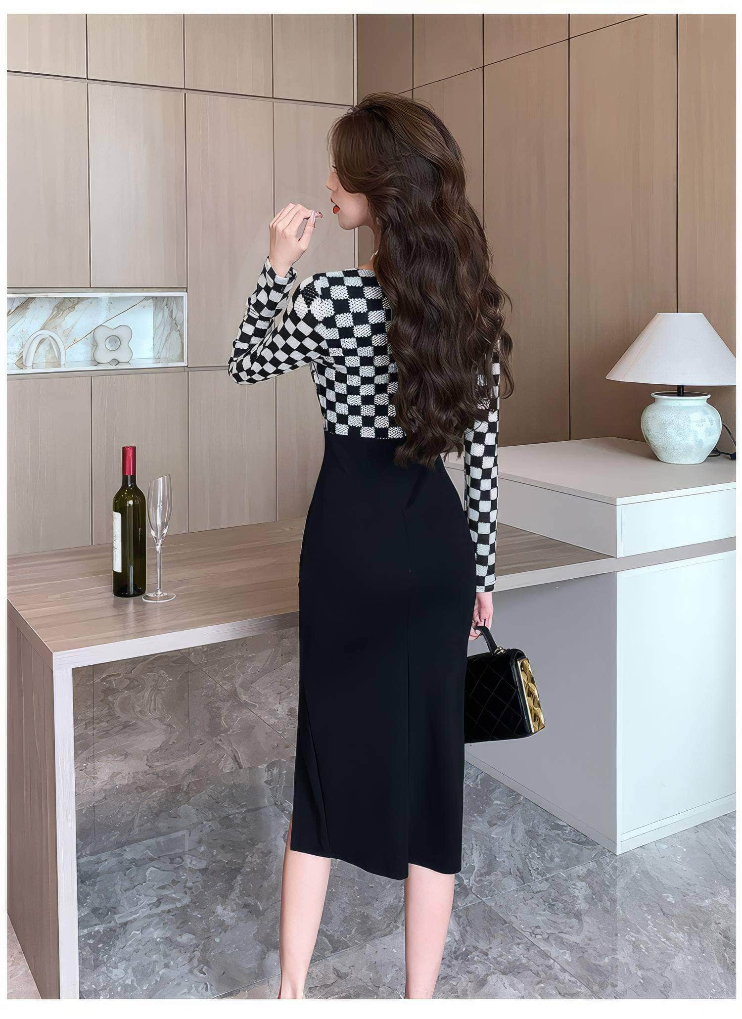 Slim Fit Plaid Pattern Two-Toned Dress