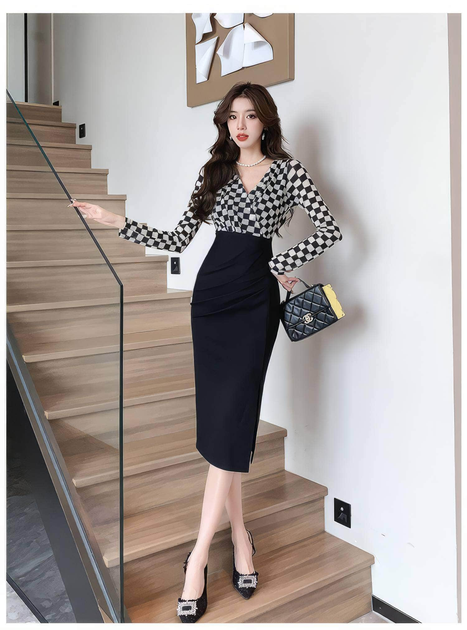 Slim Fit Plaid Pattern Two-Toned Dress