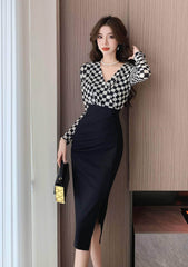 Slim Fit Plaid Pattern Two-Toned Dress S / Black