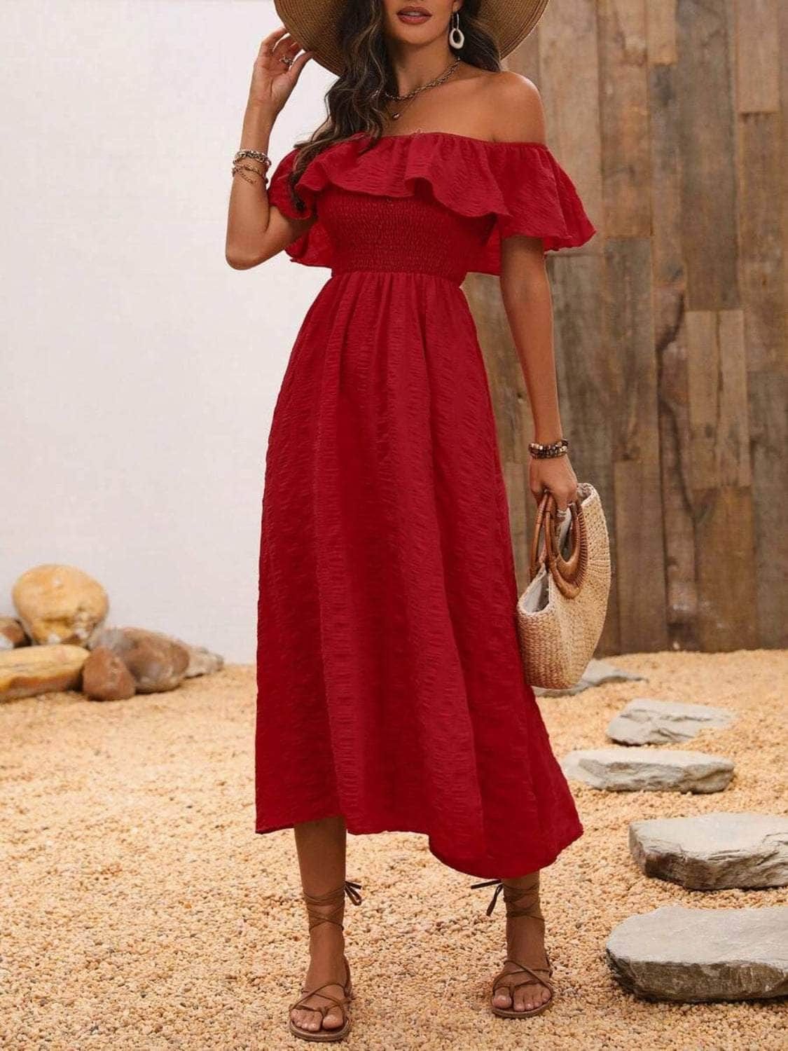 Slit Off-Shoulder Short Sleeve Midi Dress Rust / S