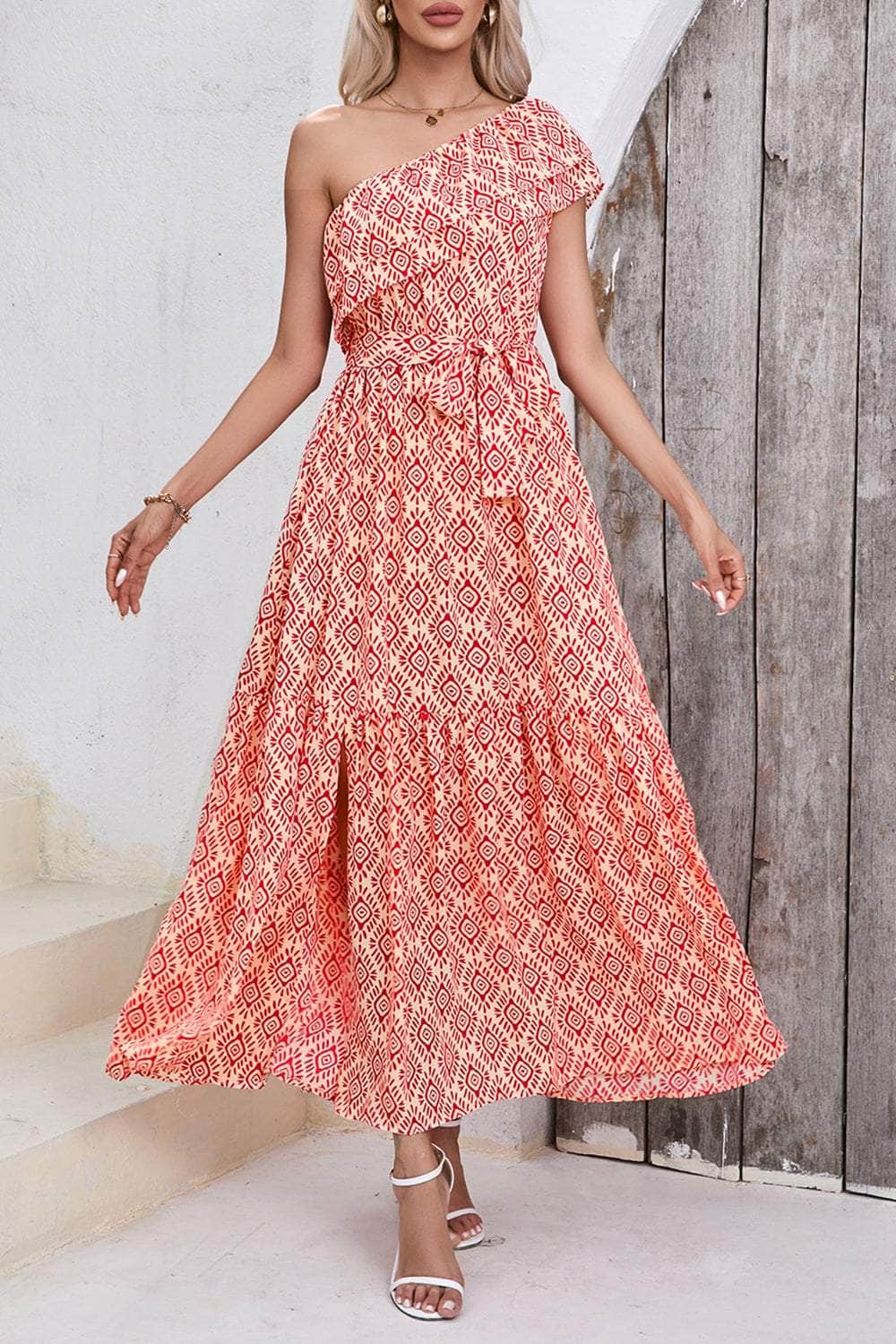 Slit Printed Single Shoulder Tie Waist Dress Coral / S