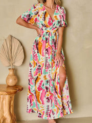 Slit Printed Surplice Short Sleeve Maxi Dress Multicolor / S