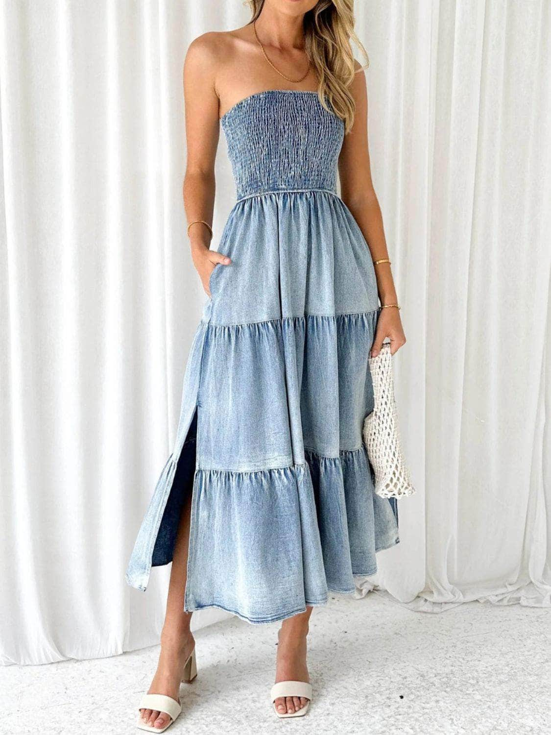 Slit Smocked Tube Tiered Denim Dress Dusty  Blue / S