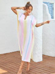 Slit Striped Notched Short Sleeve Cover Up Multicolor / One Size