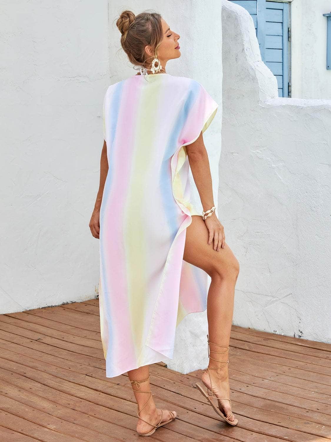 Slit Striped Notched Short Sleeve Cover Up Multicolor / One Size