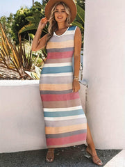 Slit Striped Round Neck Sleeveless Dress Burnt Coral / S