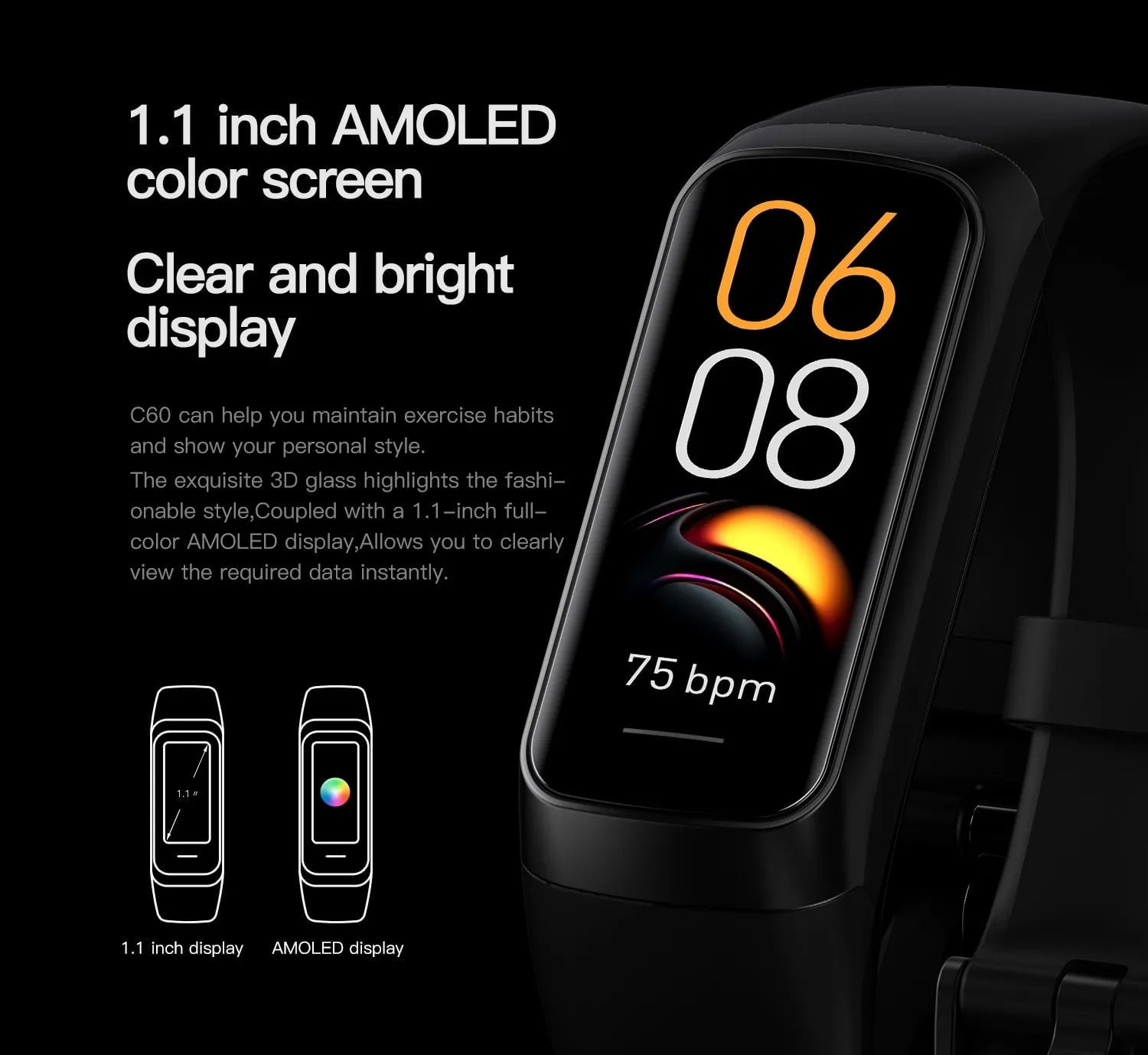 Smart Watch for Men and Women: 1.1 Inch Amoled, Heart Rate Monitor, Waterproof, Body Temperature Tracker Band