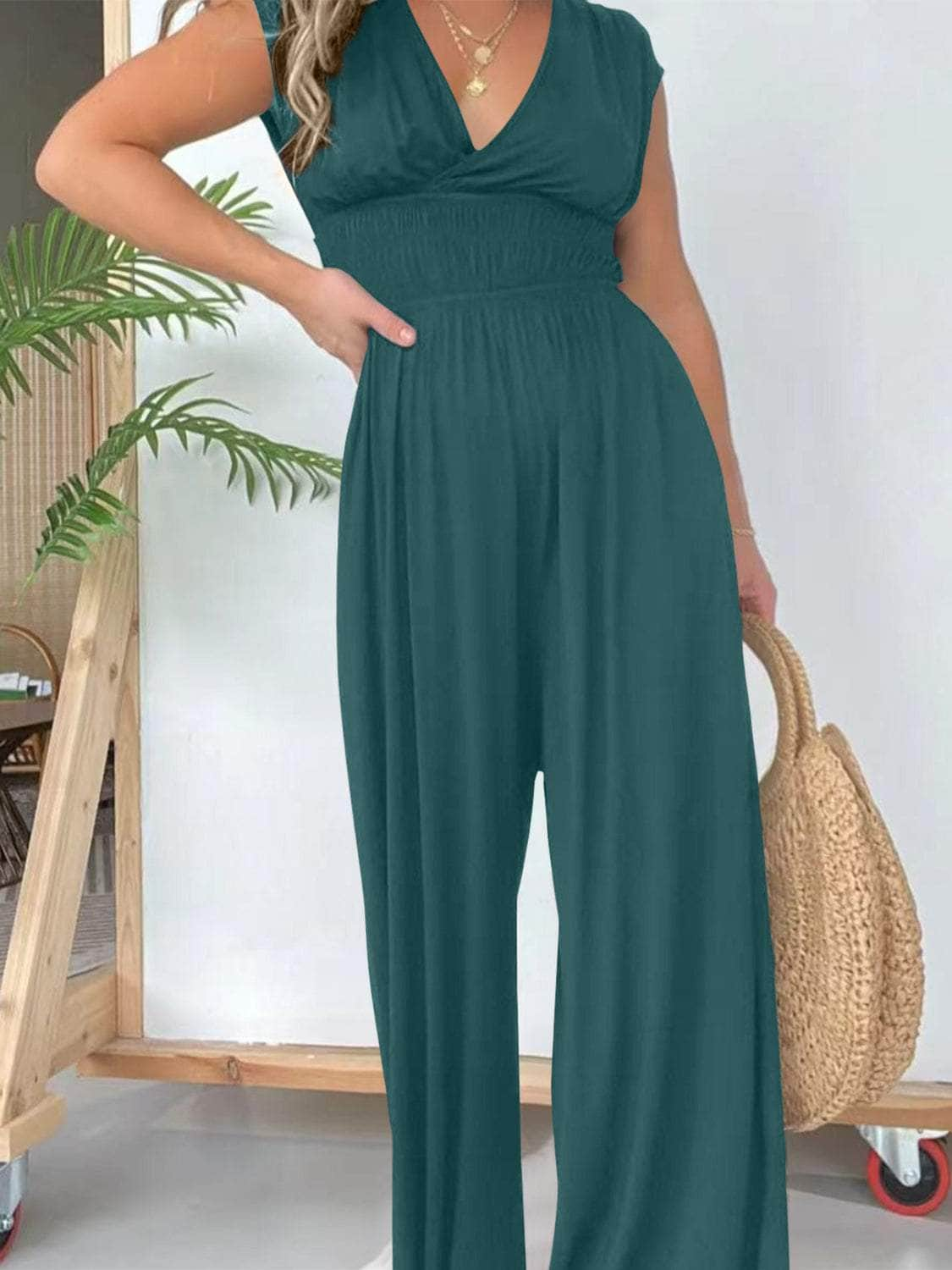 Smocked Cap Sleeve Wide Leg Jumpsuit