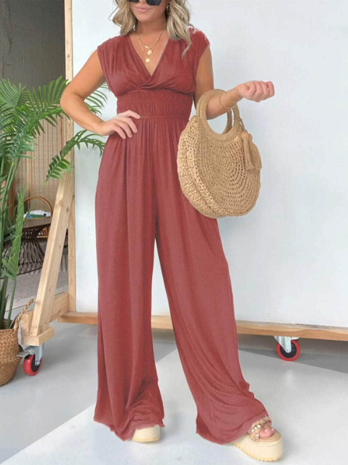 Smocked Cap Sleeve Wide Leg Jumpsuit