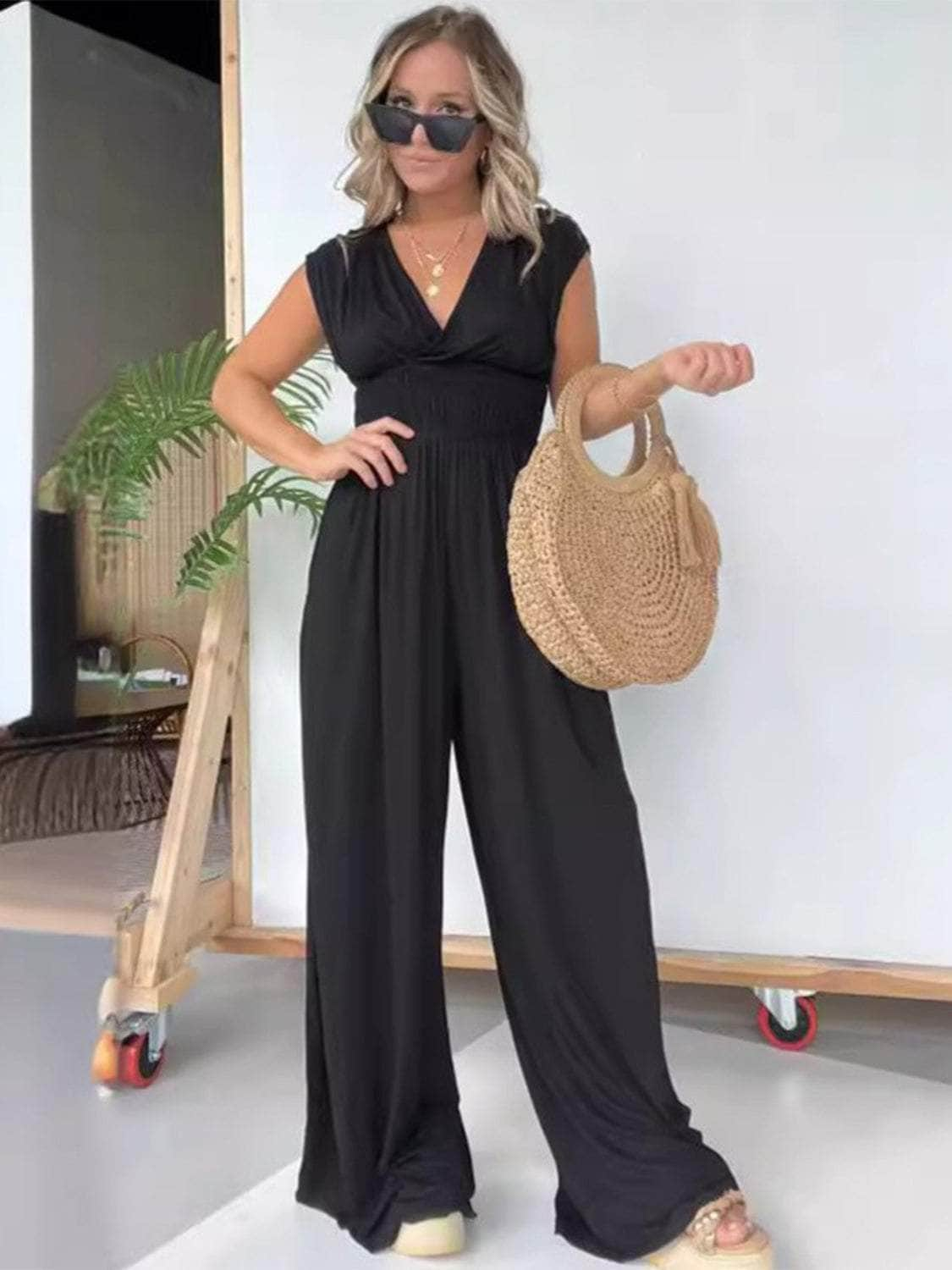 Smocked Cap Sleeve Wide Leg Jumpsuit Black / S