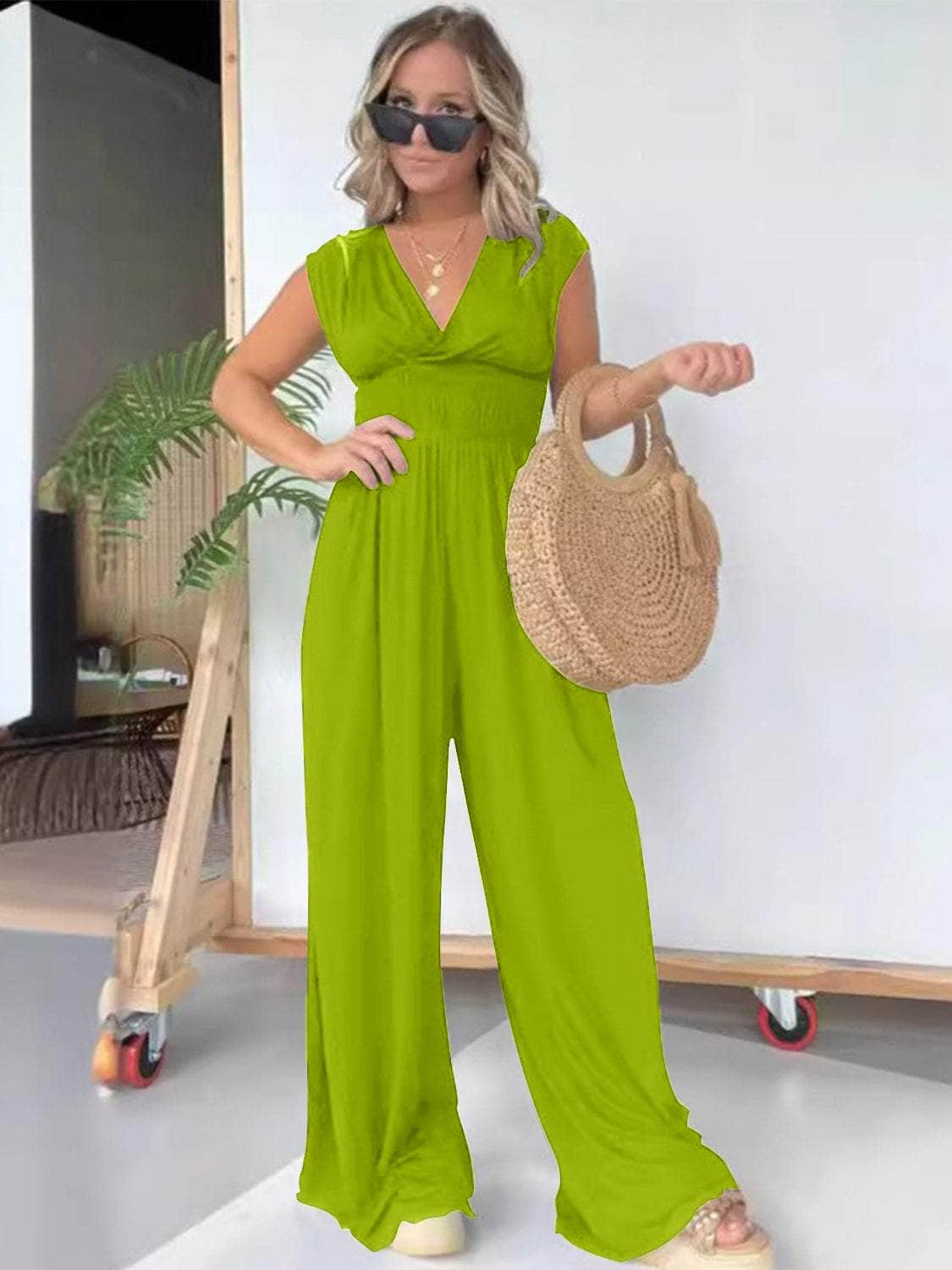 Smocked Cap Sleeve Wide Leg Jumpsuit Lime / S