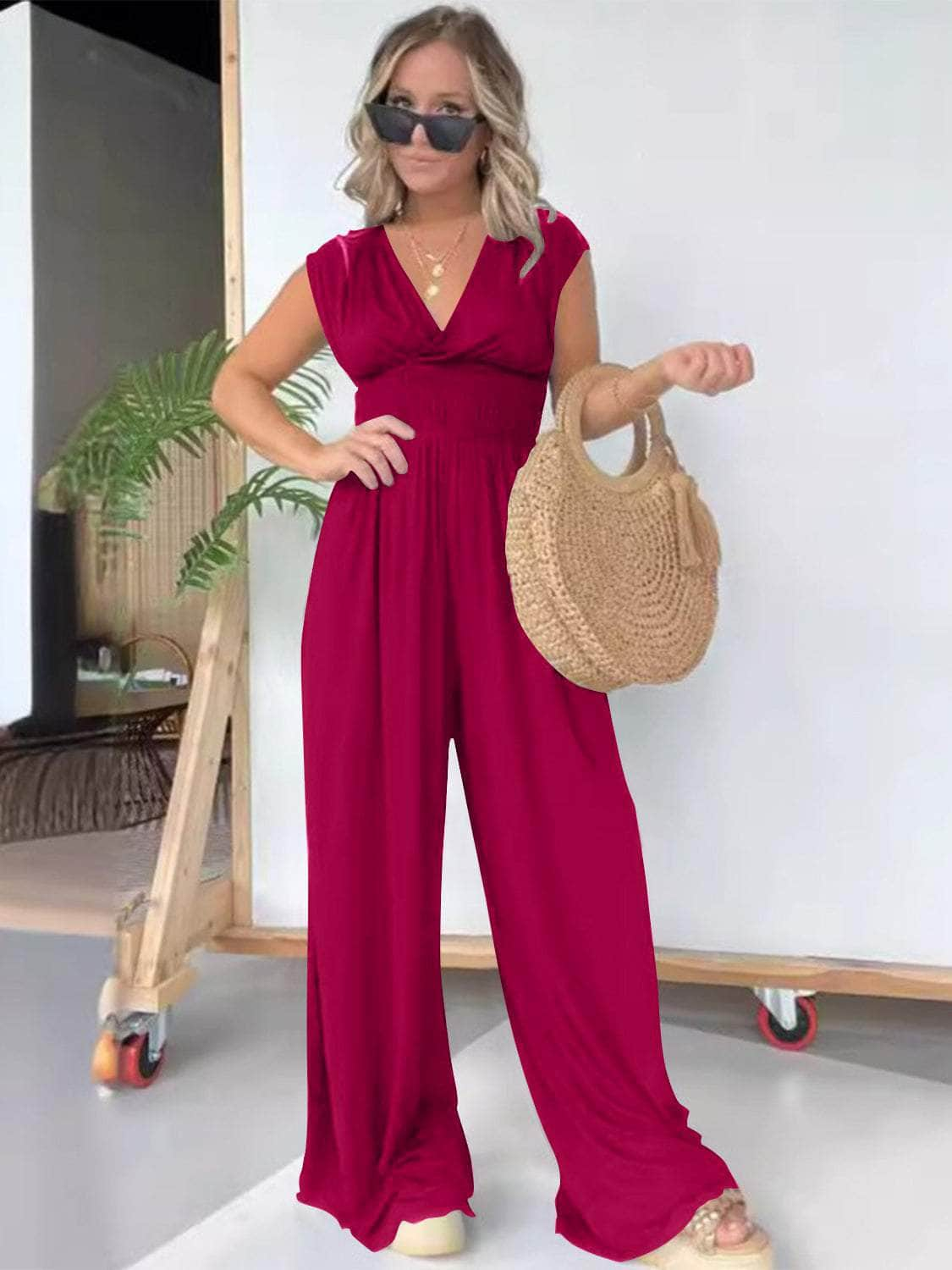 Smocked Cap Sleeve Wide Leg Jumpsuit Red-Violet / S