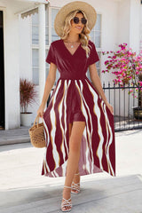 Smocked High-Low Printed Surplice Dress