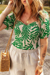 Smocked Printed Short Sleeve Blouse Green / S