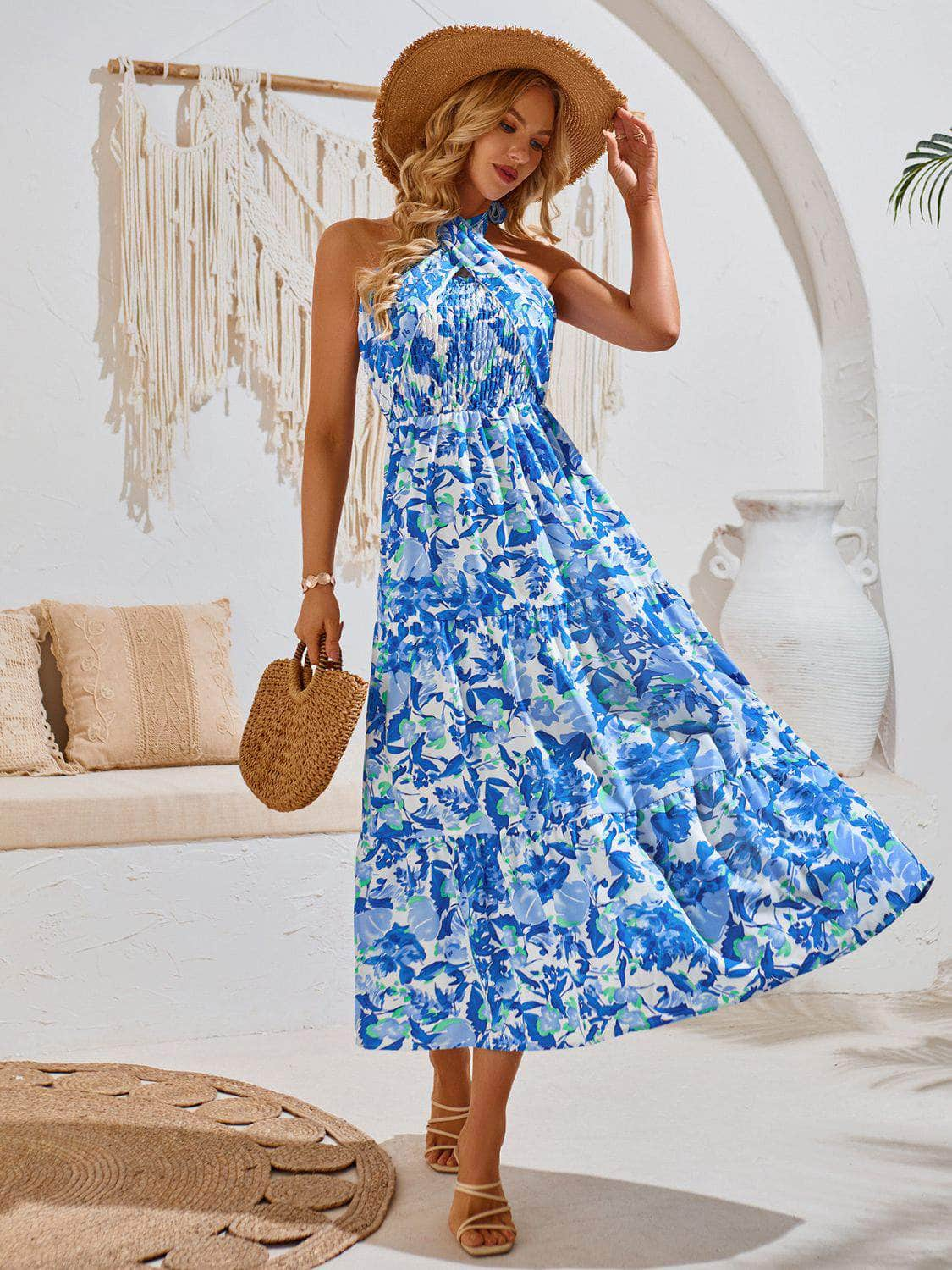 Smocked Printed Sleeveless Midi Dress Blue / S