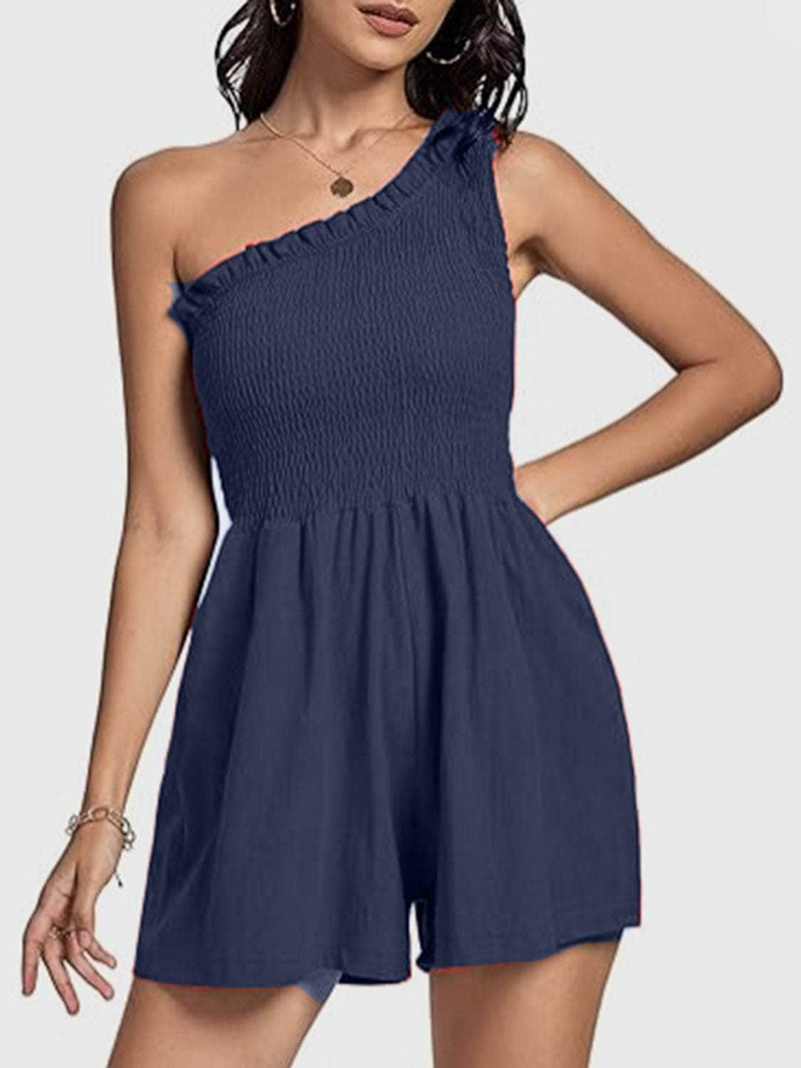 Smocked Single Shoulder Romper Dark Blue / S