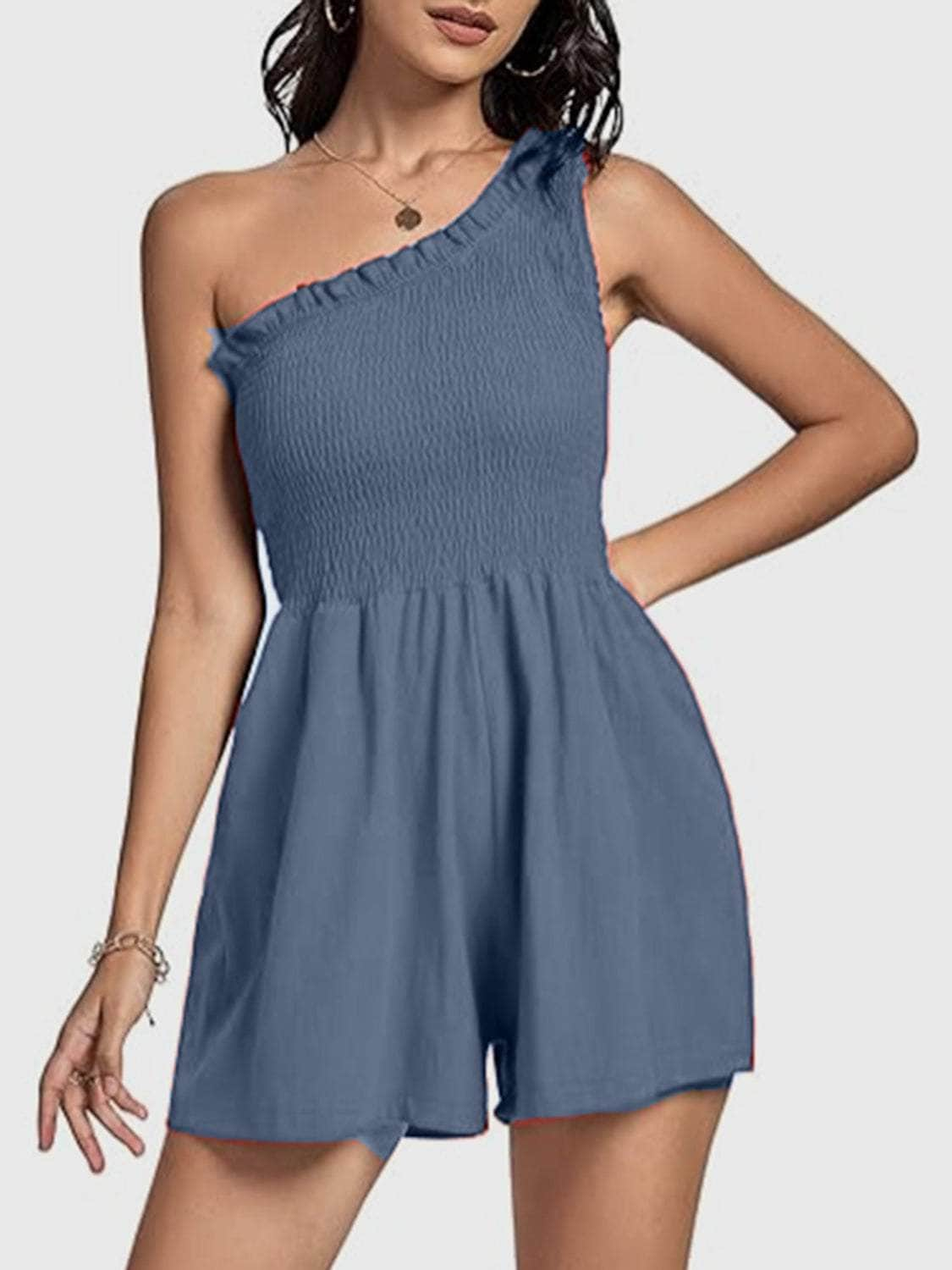 Smocked Single Shoulder Romper Dusty Blue / S