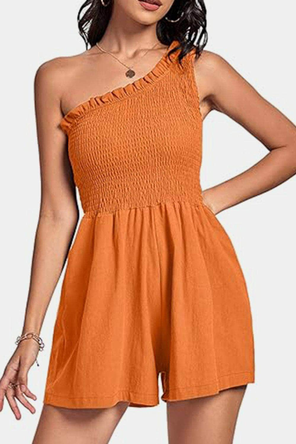 Smocked Single Shoulder Romper Tangerine / S