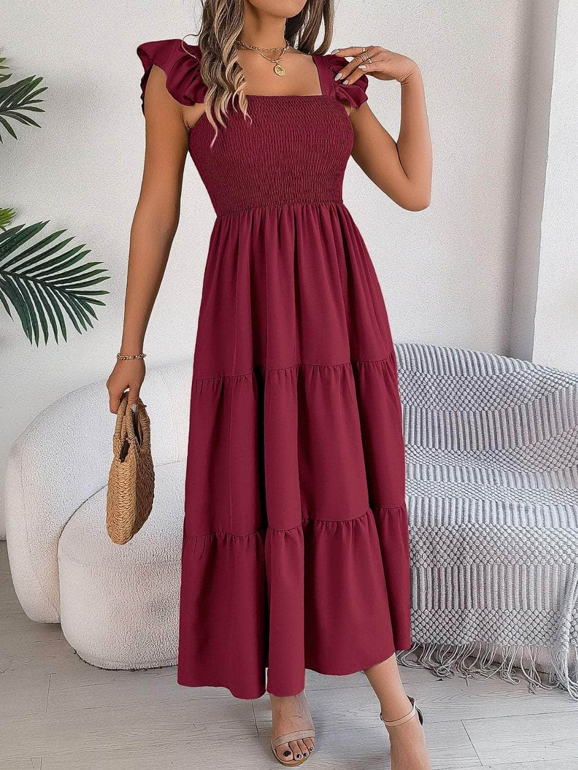 Smocked Square Neck Cap Sleeve Midi Dress Burgundy / S