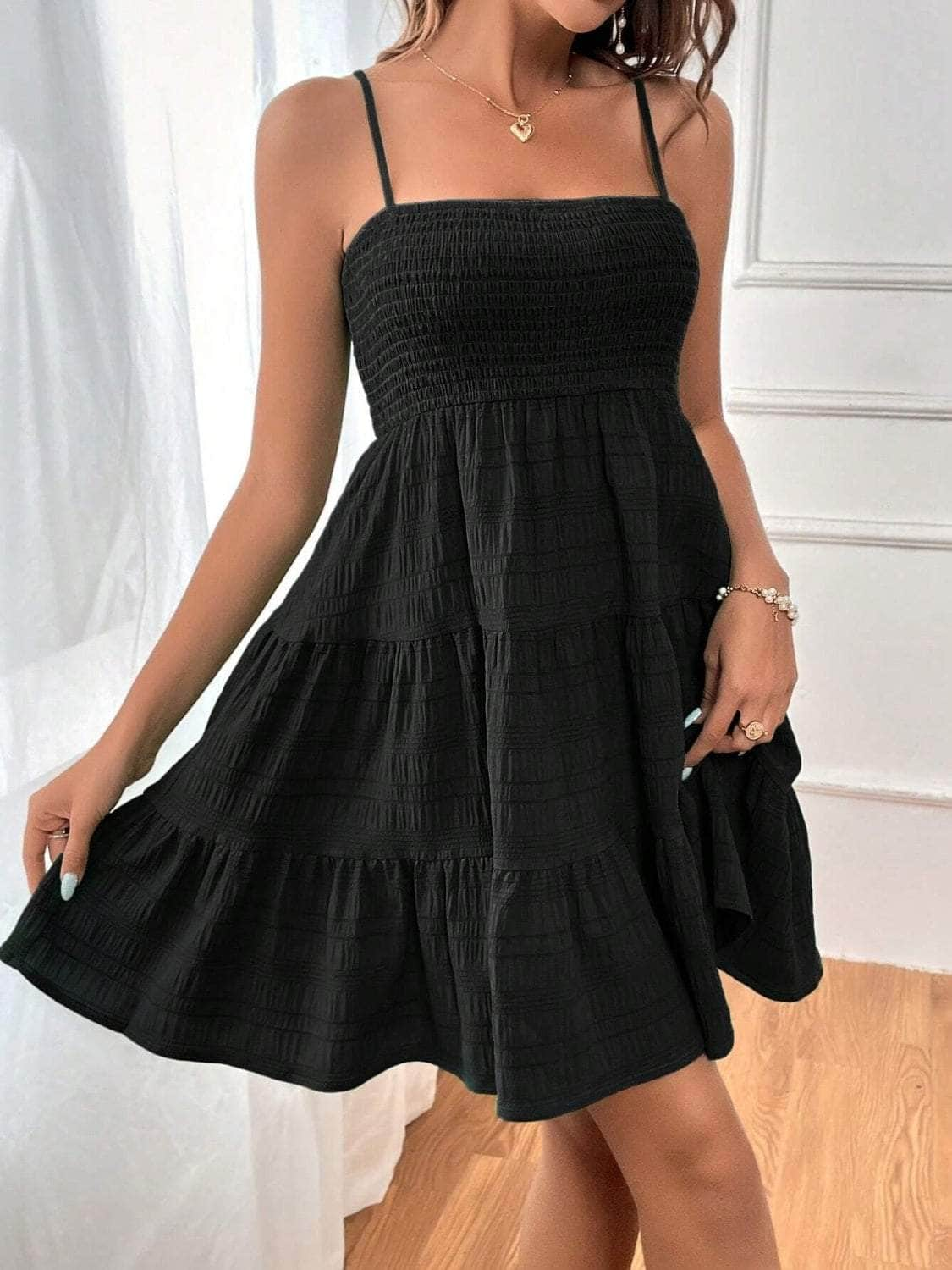 Smocked Tiered Sleeveless Mini Dress Black / S