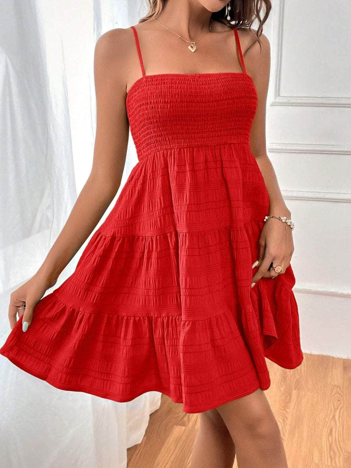 Smocked Tiered Sleeveless Mini Dress Deep Red / S