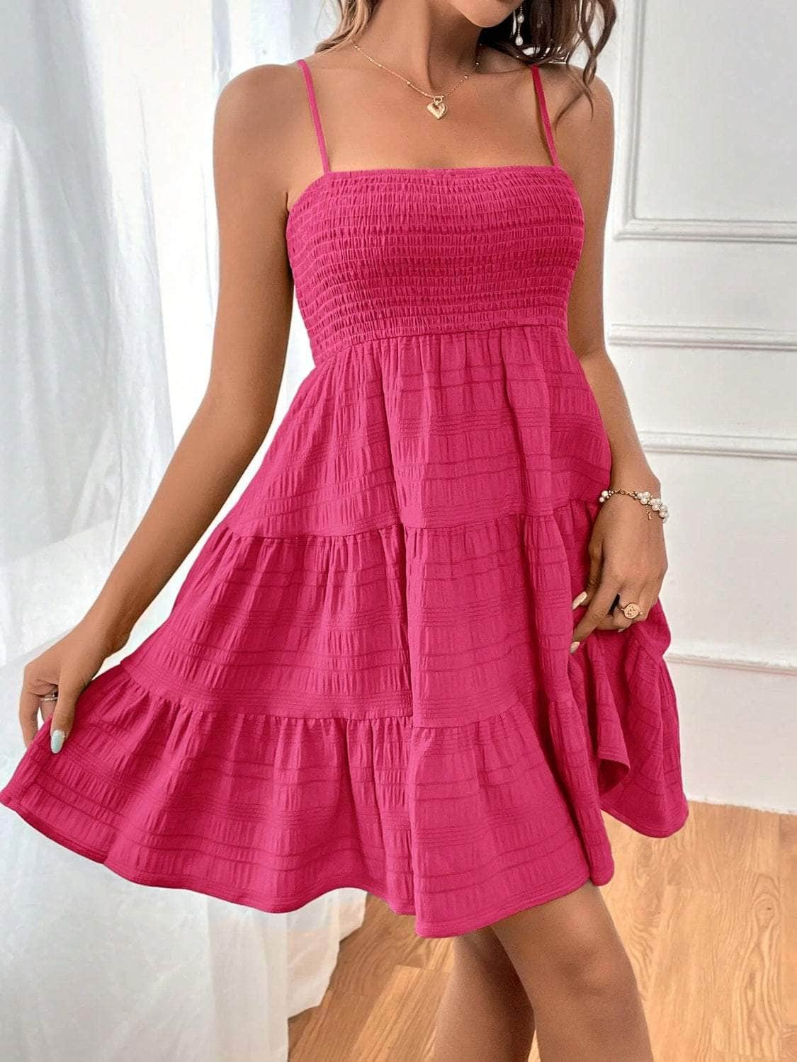 Smocked Tiered Sleeveless Mini Dress Deep Rose / S