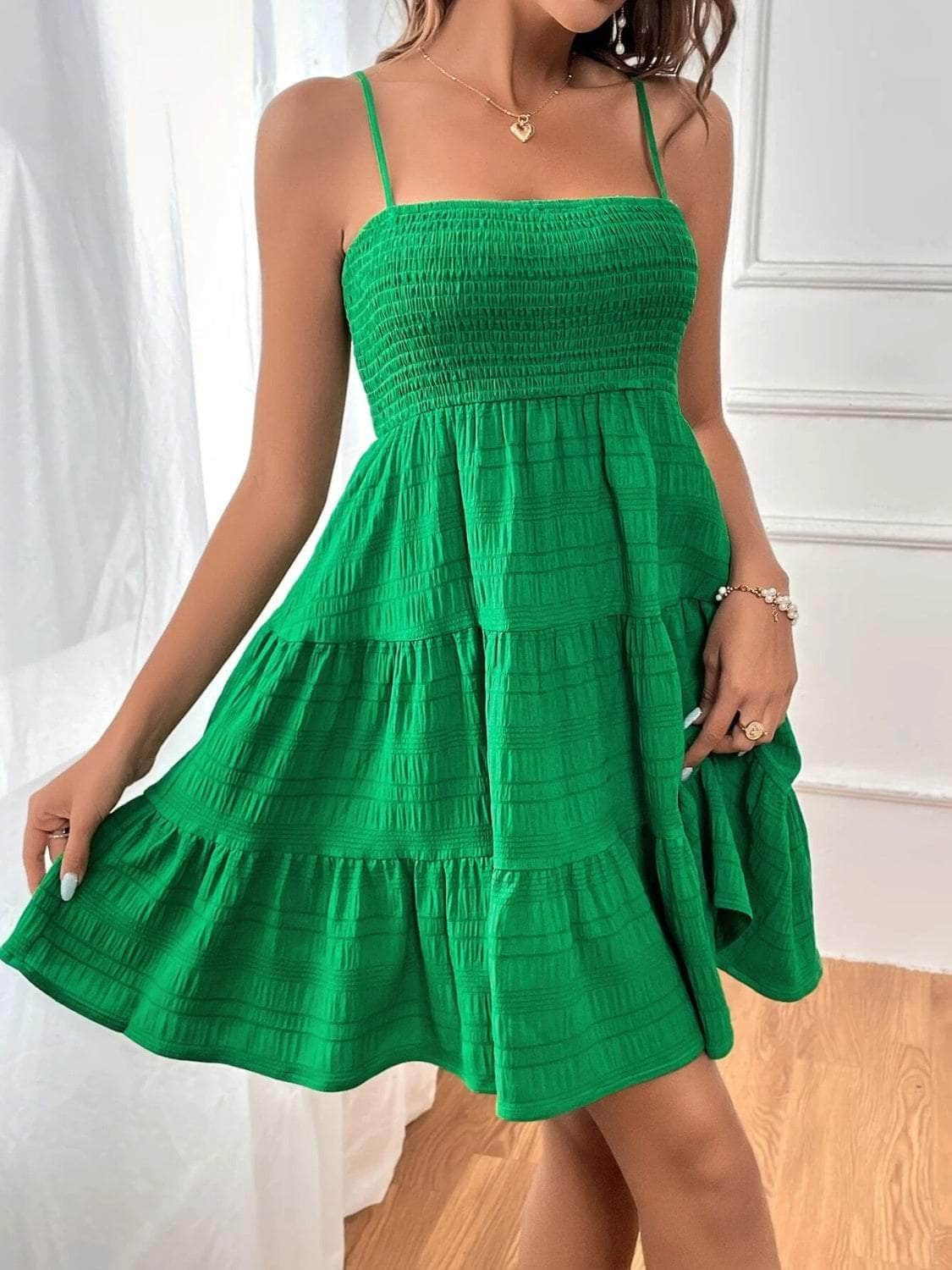 Smocked Tiered Sleeveless Mini Dress Mid Green / S