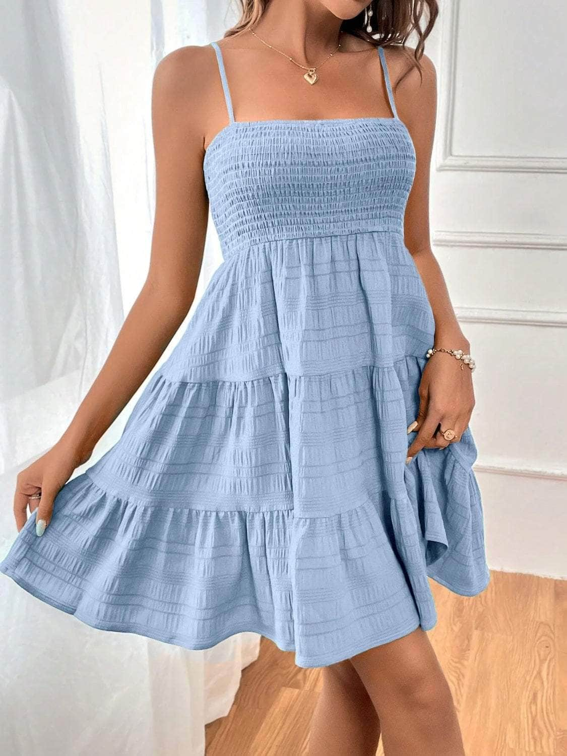 Smocked Tiered Sleeveless Mini Dress Misty  Blue / S