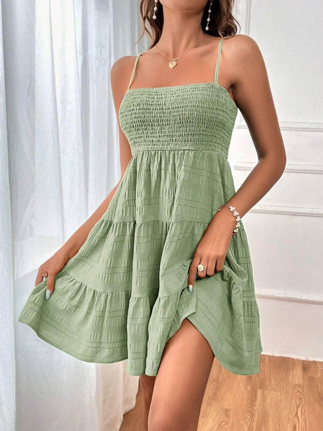 Smocked Tiered Sleeveless Mini Dress Sage / S