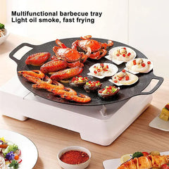 Smokeless Round Korean BBQ Grill Pan - Indoor/Outdoor Griddle Plate with Heat-Resistant Holder for Barbecue, Grilling, and Frying