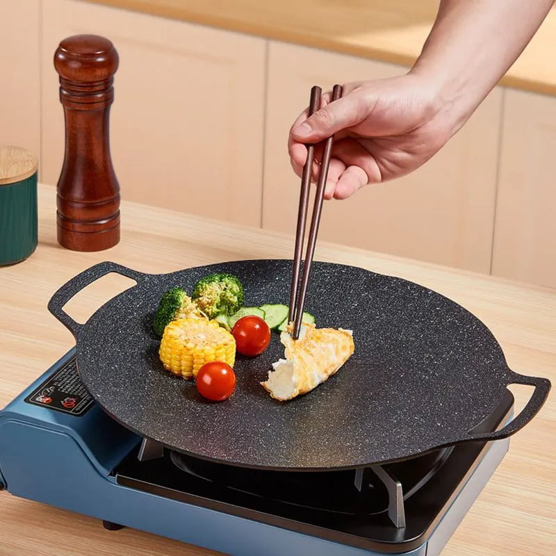 Smokeless Round Korean BBQ Grill Pan - Indoor/Outdoor Griddle Plate with Heat-Resistant Holder for Barbecue, Grilling, and Frying