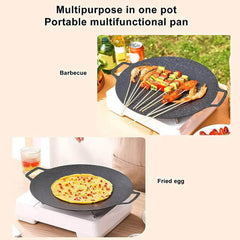Smokeless Round Korean BBQ Grill Pan - Indoor/Outdoor Griddle Plate with Heat-Resistant Holder for Barbecue, Grilling, and Frying