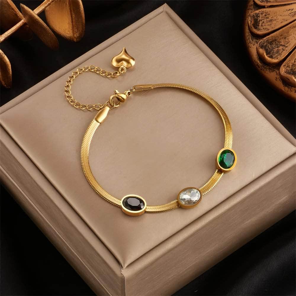 Snake Flat Chain Bracelet with White, Black, and Green Zircon for Women – Vintage Charming Wrist Jewelry Gifts B714