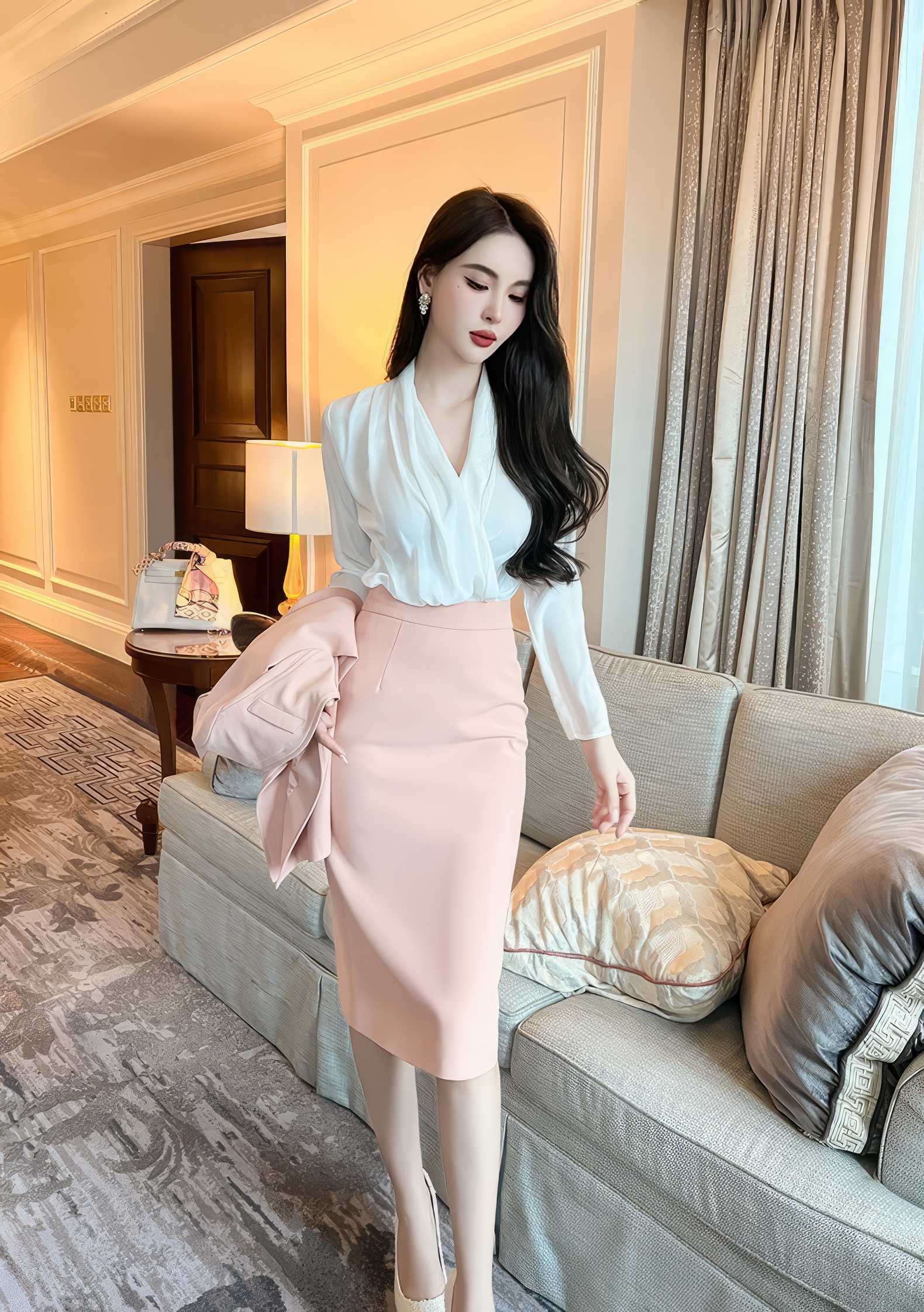 Solid Color Pleated Long Sleeve Blouse