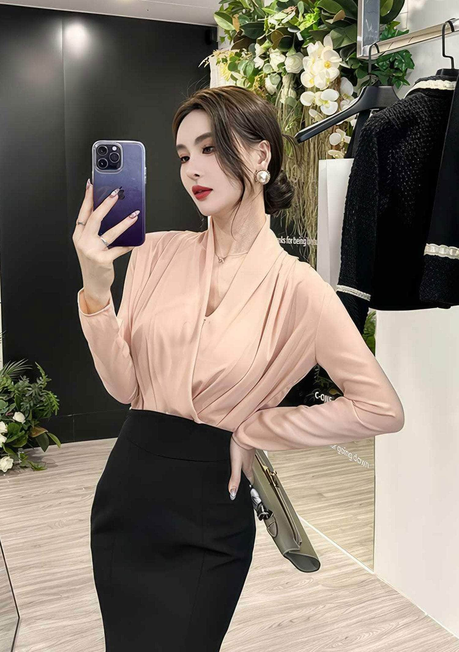 Solid Color Pleated Long Sleeve Blouse S / Tan