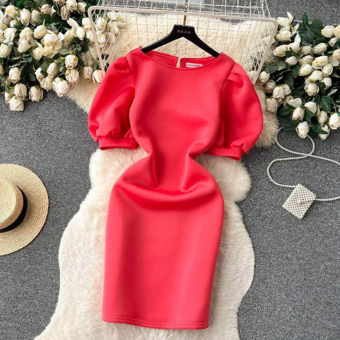 Solid Color Puff Sleeves Scuba Midi Dress