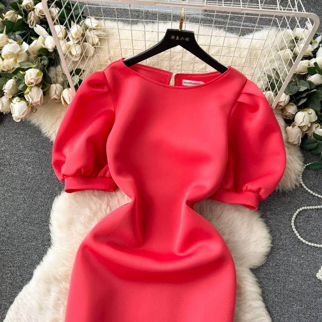 Solid Color Puff Sleeves Scuba Midi Dress