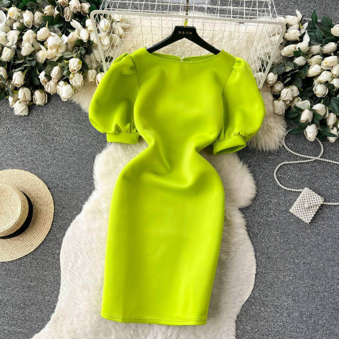 Solid Color Puff Sleeves Scuba Midi Dress