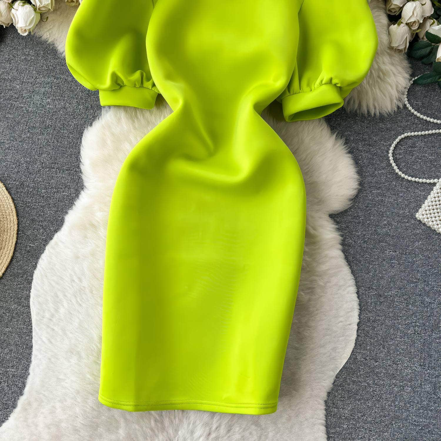 Solid Color Puff Sleeves Scuba Midi Dress