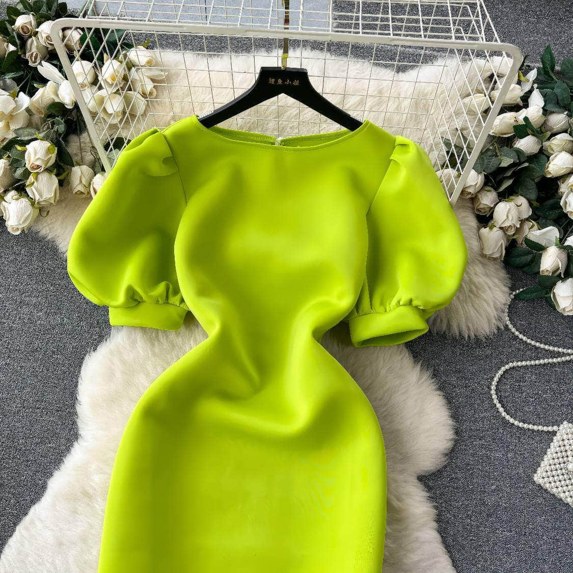 Solid Color Puff Sleeves Scuba Midi Dress