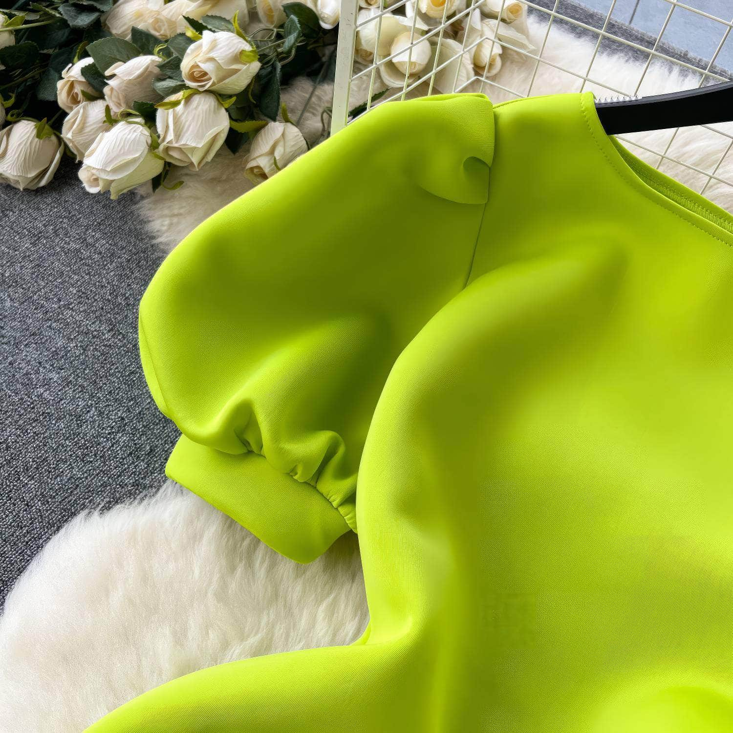 Solid Color Puff Sleeves Scuba Midi Dress