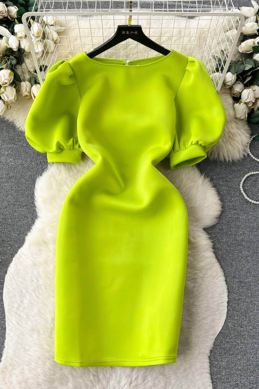 Solid Color Puff Sleeves Scuba Midi Dress