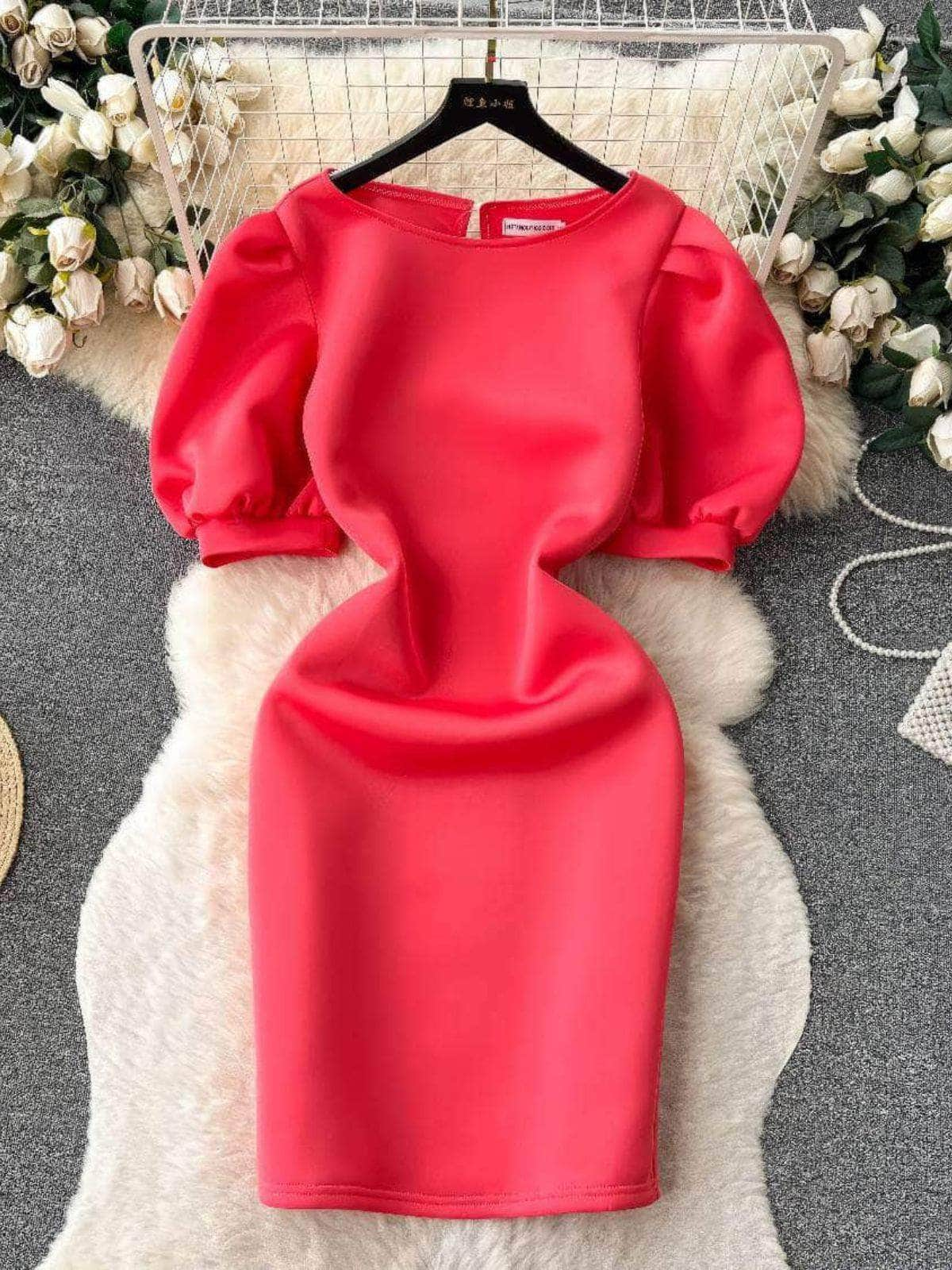 Solid Color Puff Sleeves Scuba Midi Dress