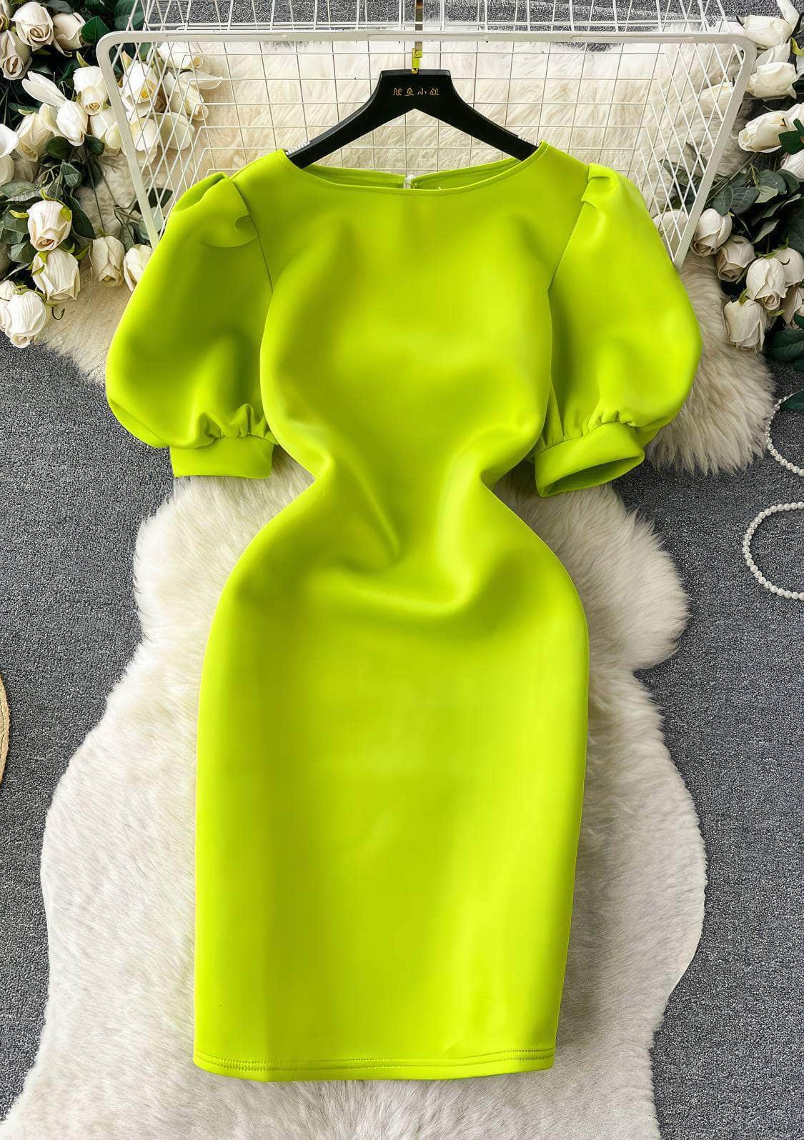 Solid Color Puff Sleeves Scuba Midi Dress S / YellowGreen