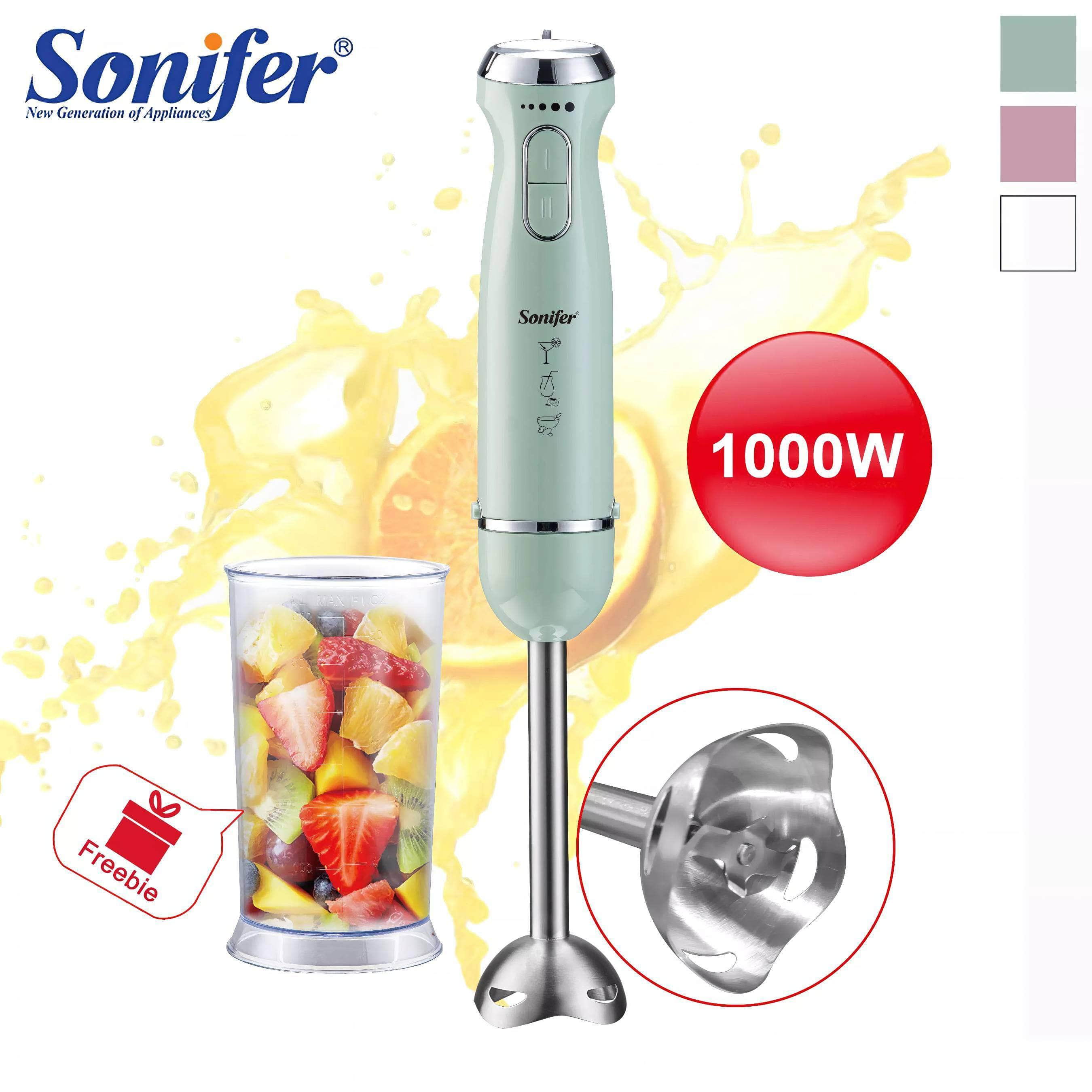 Sonifer 1000W Hand Blender: 2 Speeds, Ice Crushing, 4-Blade Mixer