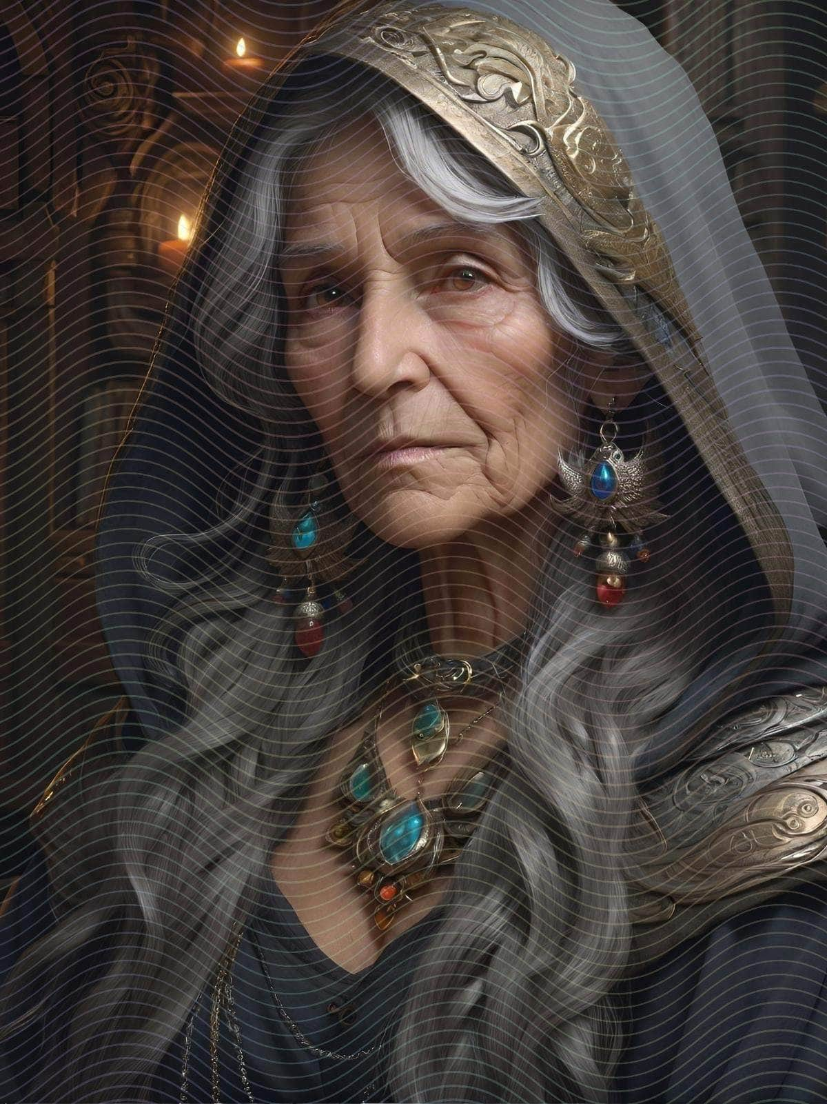 Sorcerer Portrait Adorned in Veil and Jewelry