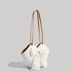 Spacious Ladies' Bow-Accented Shoulder Bucket Bag